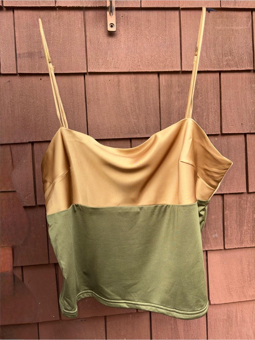 NWT Pretty Little Things Colorblock Satin and Knit Cami Top in Gold Olive